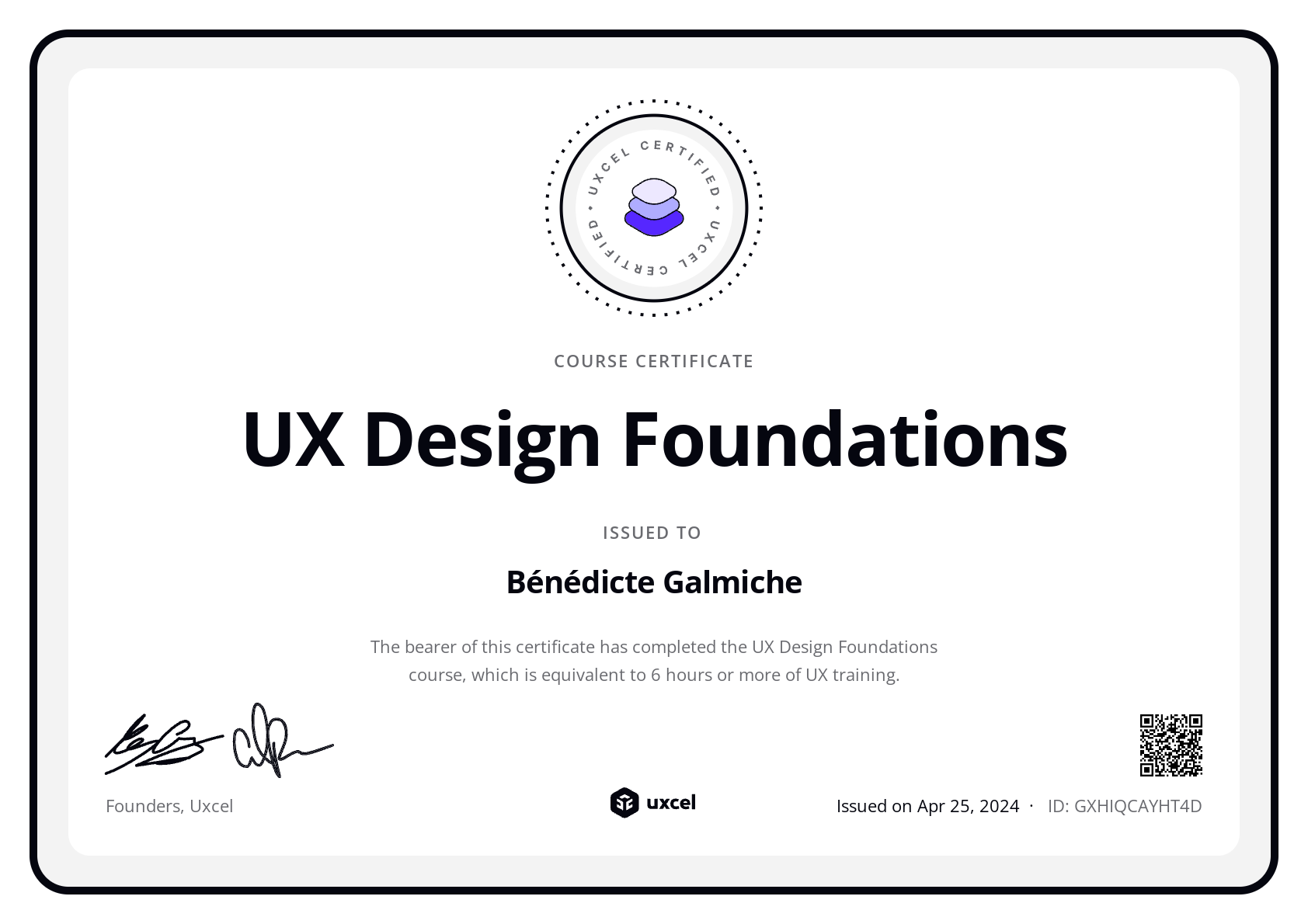 Bénédicte Galmiche's certificate